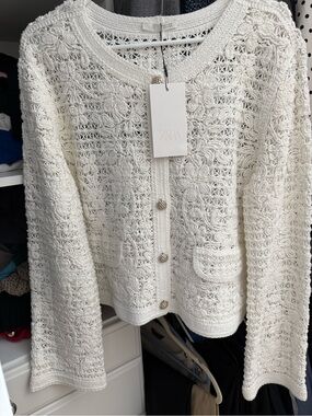 Zara white cotton  Crochet Jacket with silver Buttons SZ L NWT